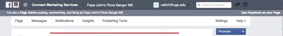 The Use Facebook as Your Page Button is in the upper right corner